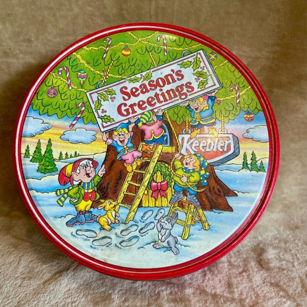 Vintage Christmas Keebler Elves‎ Holiday Cookie Round Tin Seasons Greetings 1991